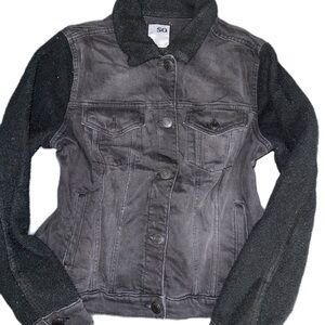 SO Black Mixed-Media Jean Jacket with Knit Sleeves
